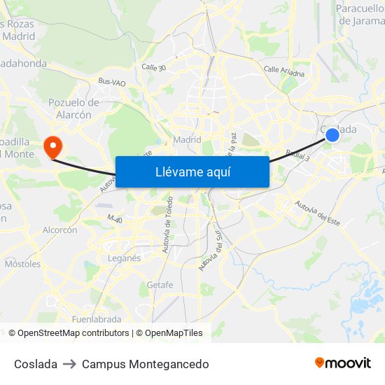 Coslada to Campus Montegancedo map
