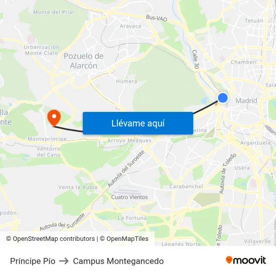 Príncipe Pío to Campus Montegancedo map