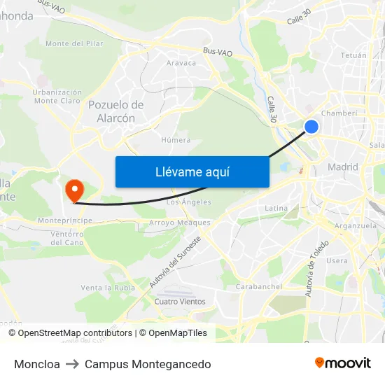 Moncloa to Campus Montegancedo map