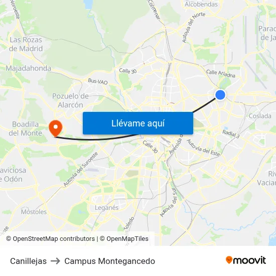 Canillejas to Campus Montegancedo map