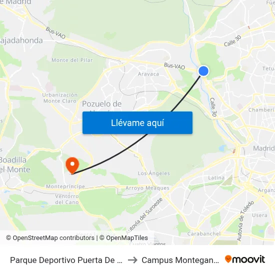 Parque Deportivo Puerta De Hierro to Campus Montegancedo map