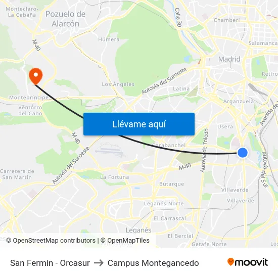 San Fermín - Orcasur to Campus Montegancedo map