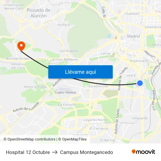 Hospital 12 Octubre to Campus Montegancedo map