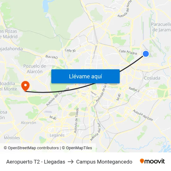 Aeropuerto T2 - Llegadas to Campus Montegancedo map