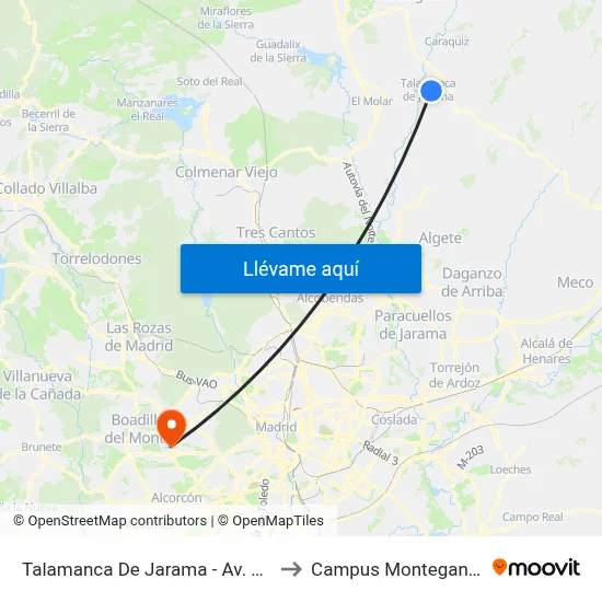 Talamanca De Jarama - Av. Madrid to Campus Montegancedo map