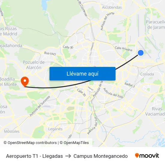 Aeropuerto T1 - Llegadas to Campus Montegancedo map