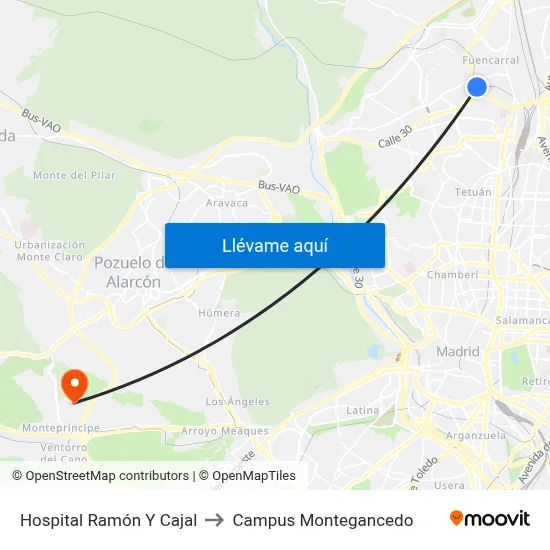 Hospital Ramón Y Cajal to Campus Montegancedo map