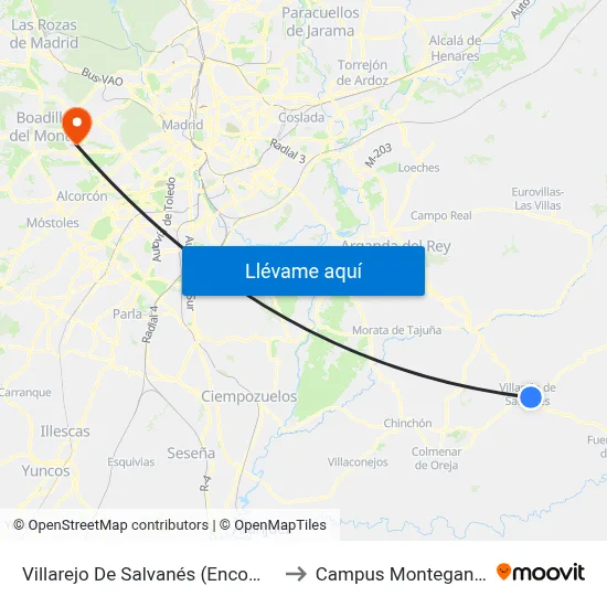 Villarejo De Salvanés (Encomienda) to Campus Montegancedo map