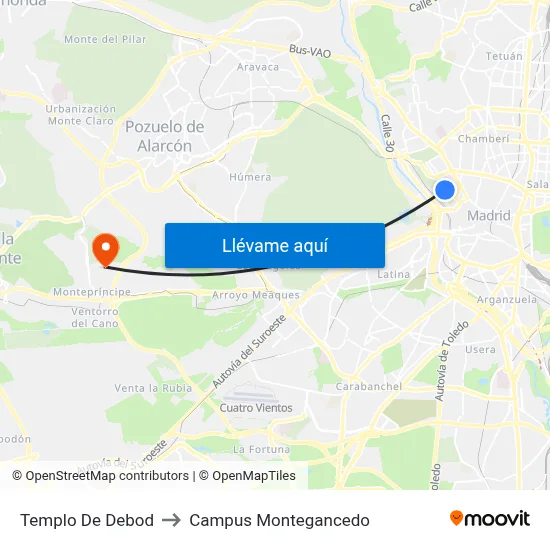 Templo De Debod to Campus Montegancedo map