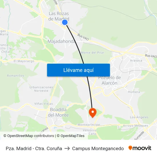 Pza. Madrid - Ctra. Coruña to Campus Montegancedo map
