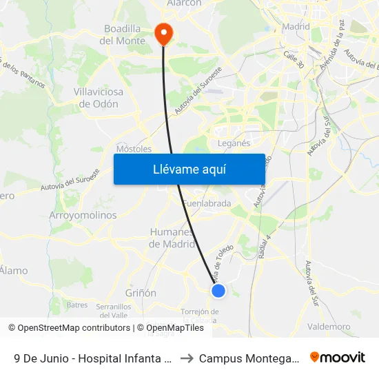 9 De Junio - Hospital Infanta Cristina to Campus Montegancedo map