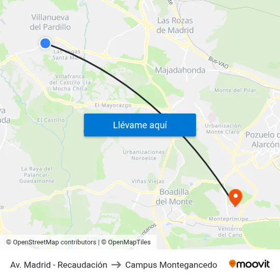 Av. Madrid - Recaudación to Campus Montegancedo map
