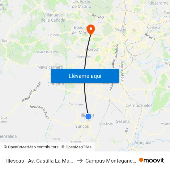 Illescas - Av. Castilla La Mancha to Campus Montegancedo map