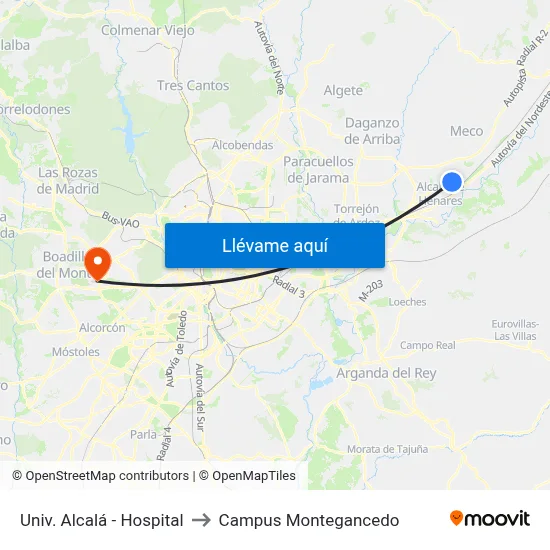 Univ. Alcalá - Hospital to Campus Montegancedo map