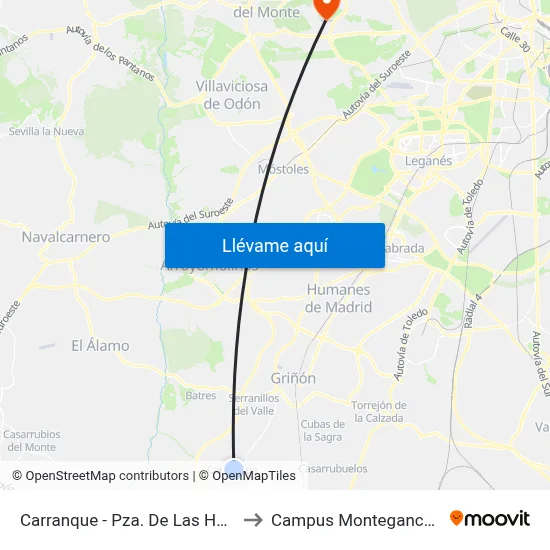 Carranque - Pza. De Las Heras to Campus Montegancedo map