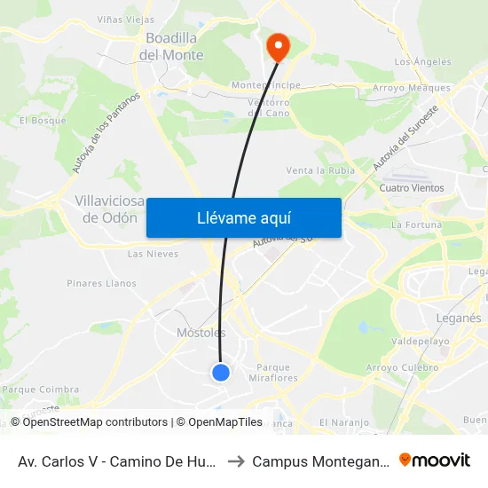 Av. Carlos V - Camino De Humanes to Campus Montegancedo map