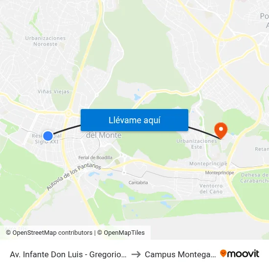 Av. Infante Don Luis - Gregorio Marañón to Campus Montegancedo map