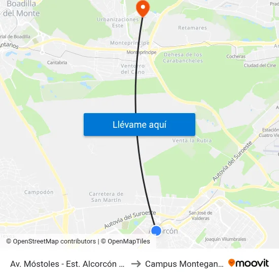 Av. Móstoles - Est. Alcorcón Central to Campus Montegancedo map