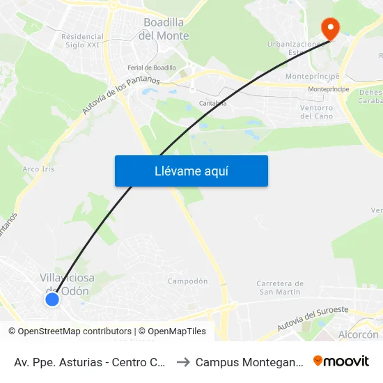 Av. Ppe. Asturias - Centro Cultural to Campus Montegancedo map