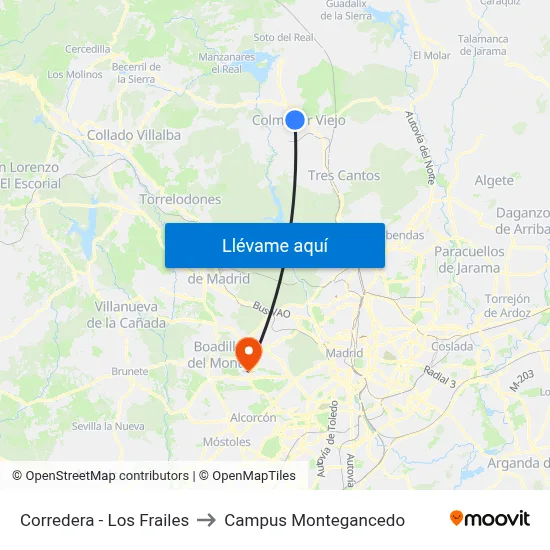 Corredera - Los Frailes to Campus Montegancedo map