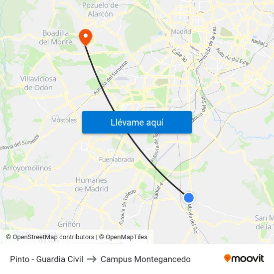 Pinto - Guardia Civil to Campus Montegancedo map