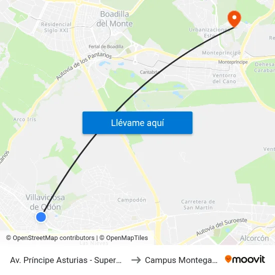 Av. Príncipe Asturias - Supermercado to Campus Montegancedo map