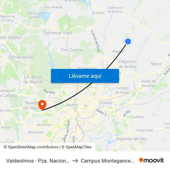 Valdeolmos - Pza. Nacional to Campus Montegancedo map