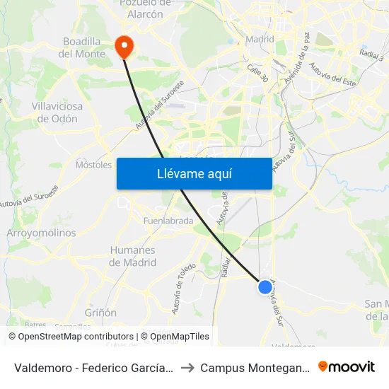 Valdemoro - Federico García Lorca to Campus Montegancedo map