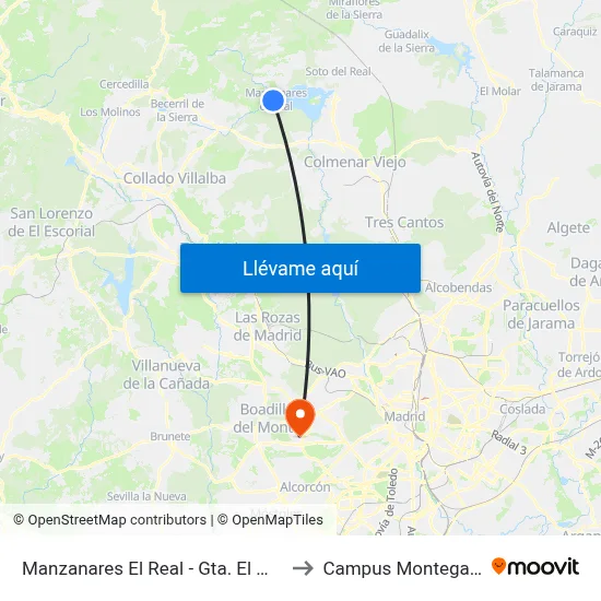 Manzanares El Real - Gta. El Montañero to Campus Montegancedo map
