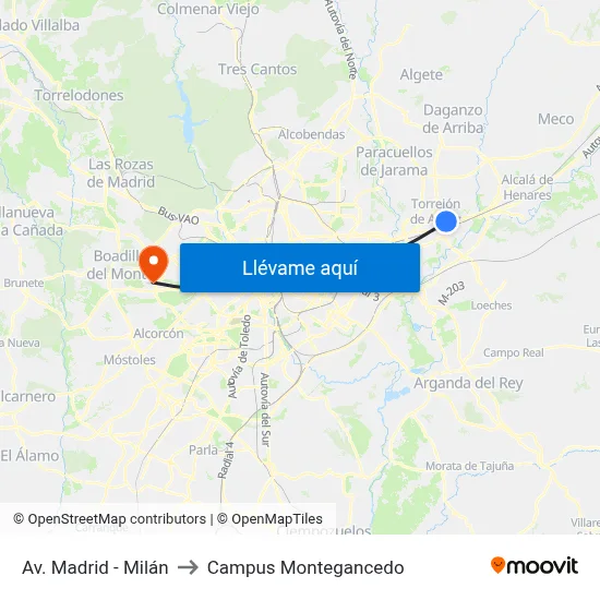 Av. Madrid - Milán to Campus Montegancedo map