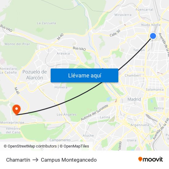 Chamartín to Campus Montegancedo map