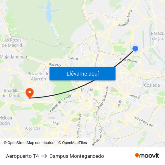 Aeropuerto T4 to Campus Montegancedo map