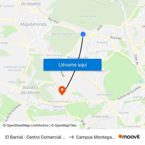 El Barrial - Centro Comercial Pozuelo to Campus Montegancedo map