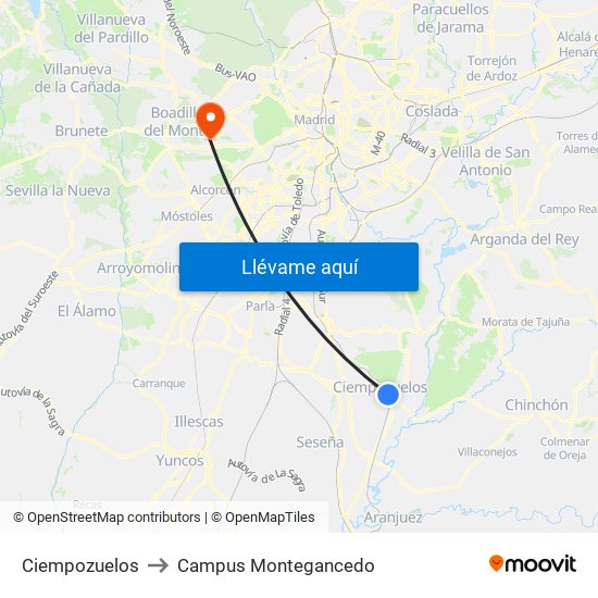 Ciempozuelos to Campus Montegancedo map