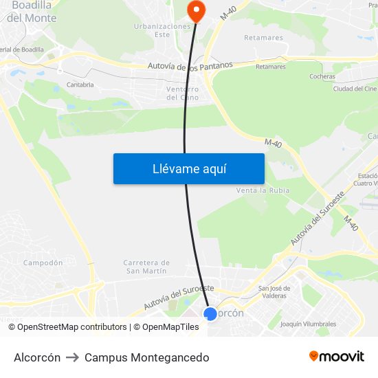 Alcorcón to Campus Montegancedo map