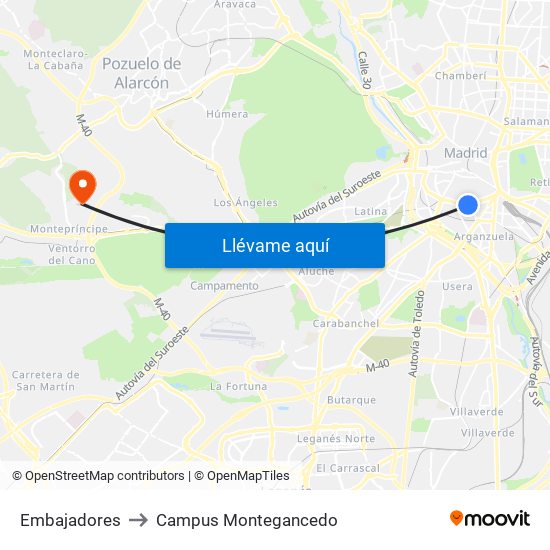 Embajadores to Campus Montegancedo map