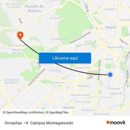 Orcasitas to Campus Montegancedo map