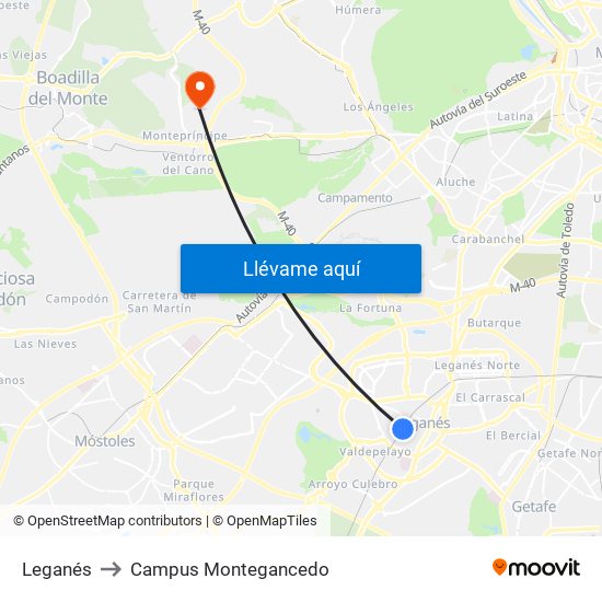 Leganés to Campus Montegancedo map