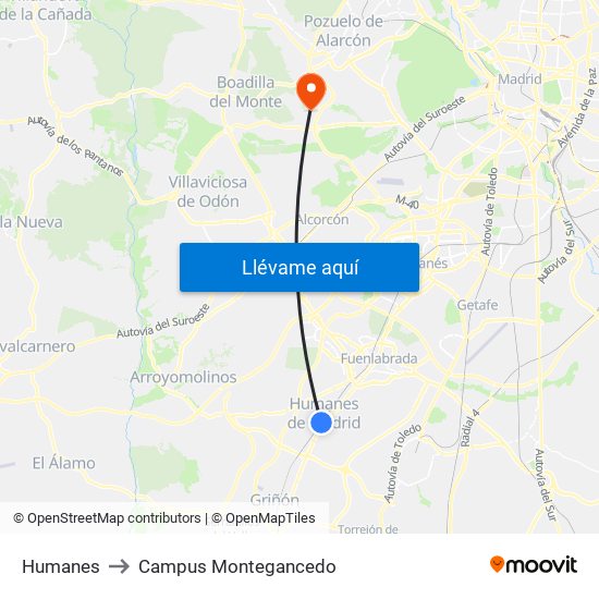 Humanes to Campus Montegancedo map