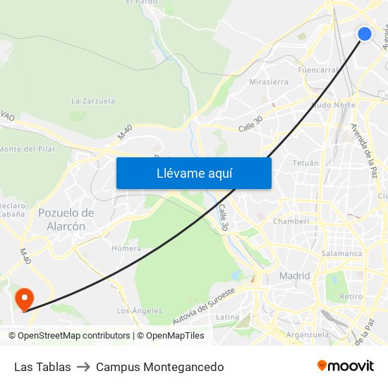 Las Tablas to Campus Montegancedo map