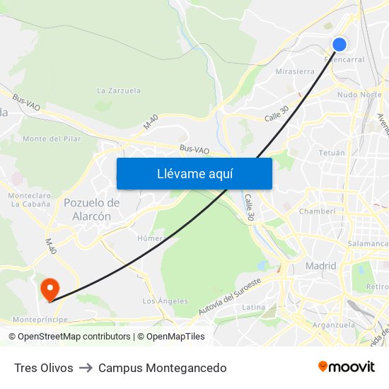 Tres Olivos to Campus Montegancedo map
