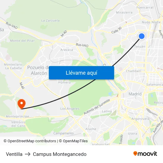 Ventilla to Campus Montegancedo map