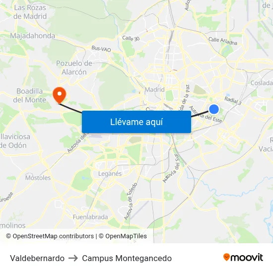 Valdebernardo to Campus Montegancedo map