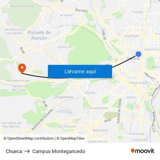 Chueca to Campus Montegancedo map