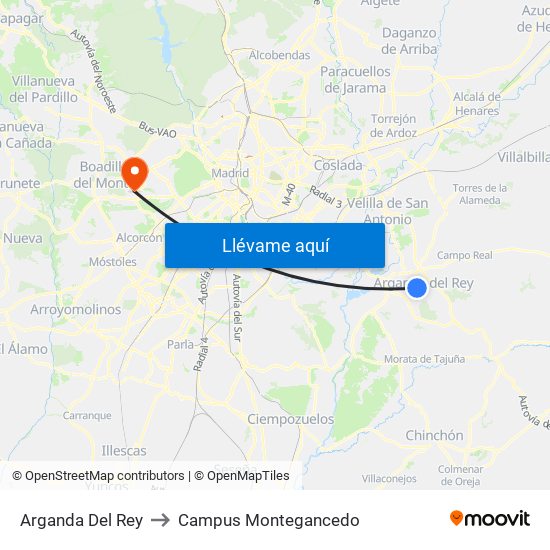Arganda Del Rey to Campus Montegancedo map