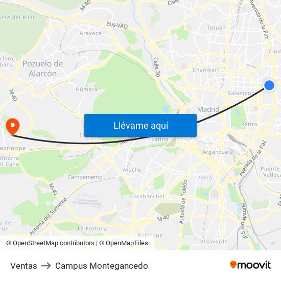 Ventas to Campus Montegancedo map