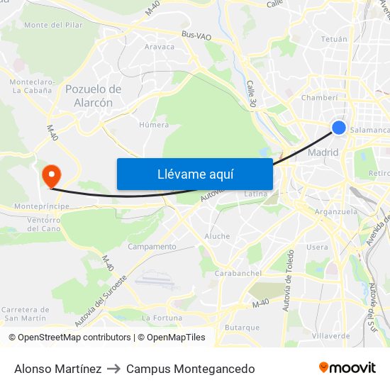 Alonso Martínez to Campus Montegancedo map