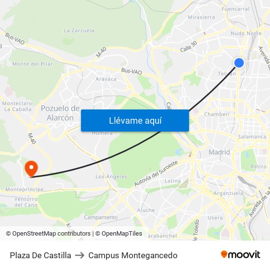 Plaza De Castilla to Campus Montegancedo map