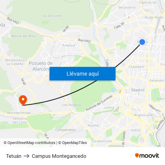 Tetuán to Campus Montegancedo map