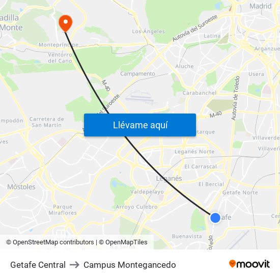 Getafe Central to Campus Montegancedo map